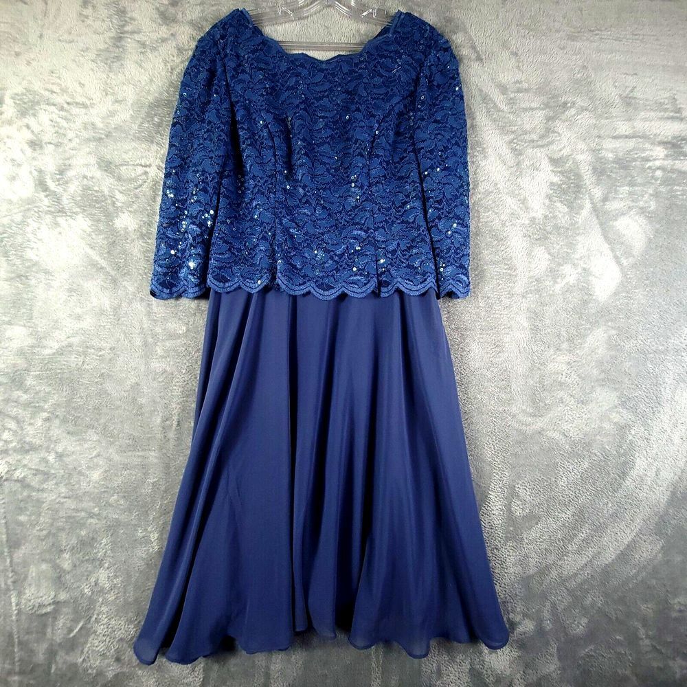 Alex Evenings Dress Blue A Line Knee‎ Length Floral Lace Sequin 10P NWT